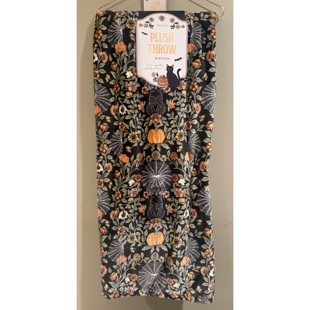 Envogue Halloween FLORAL BLACK CAT & PUMPKIN Plush Throw Blanket 60" x 70" NWT